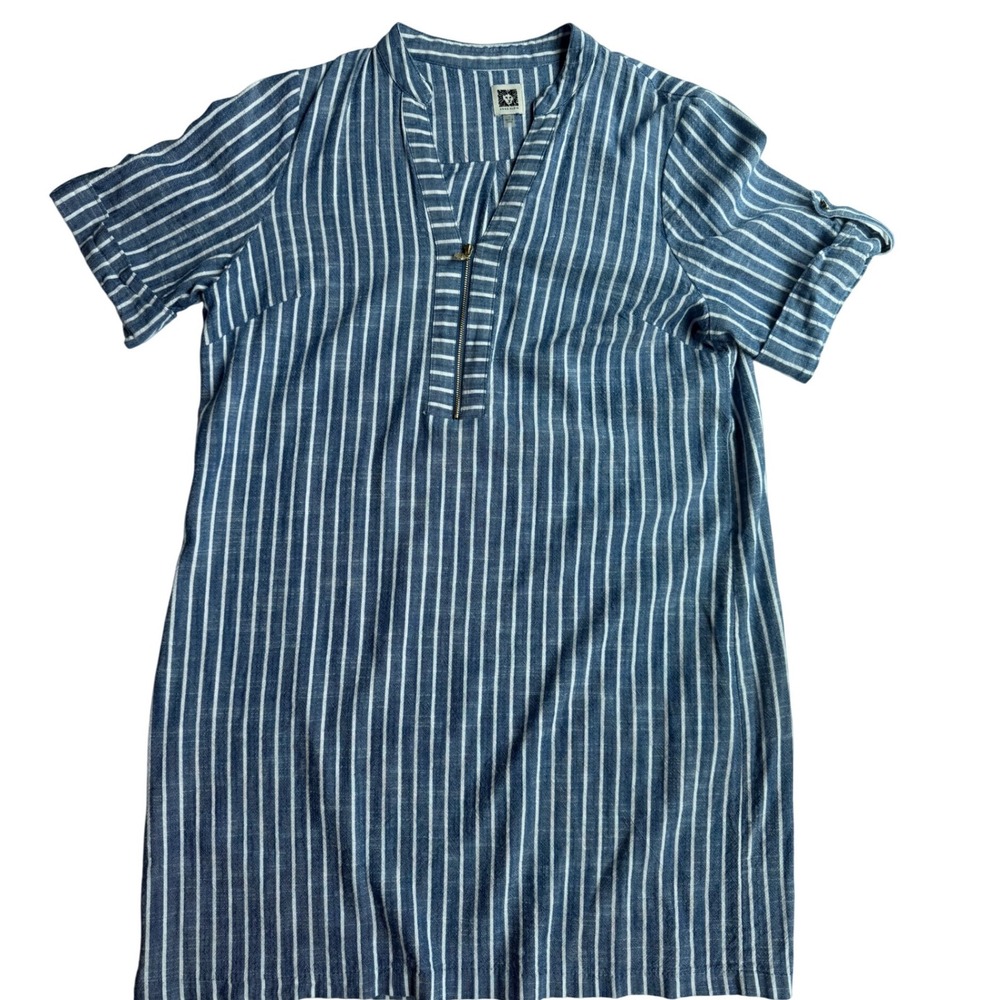 Anne Klein Blue White Striped Linen Blend Zip Neck Shift Dress Size 16